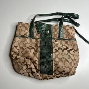 Coach F22706 Signature Stripe Patent Leather Tote Khaki Green Python Trim Handba